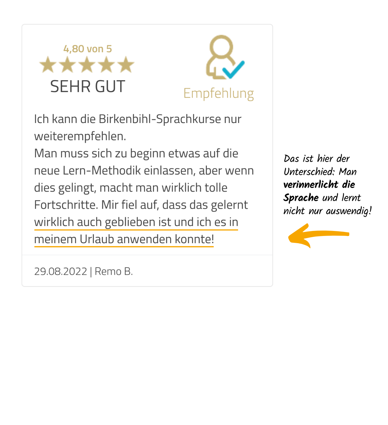 5-Sterne Rezension eines zufriedenen Birkenbihl-Sprachkurs Kunden, welcher sich darüber freut das Gelernte sofort im Urlaub anwenden zu koennen.