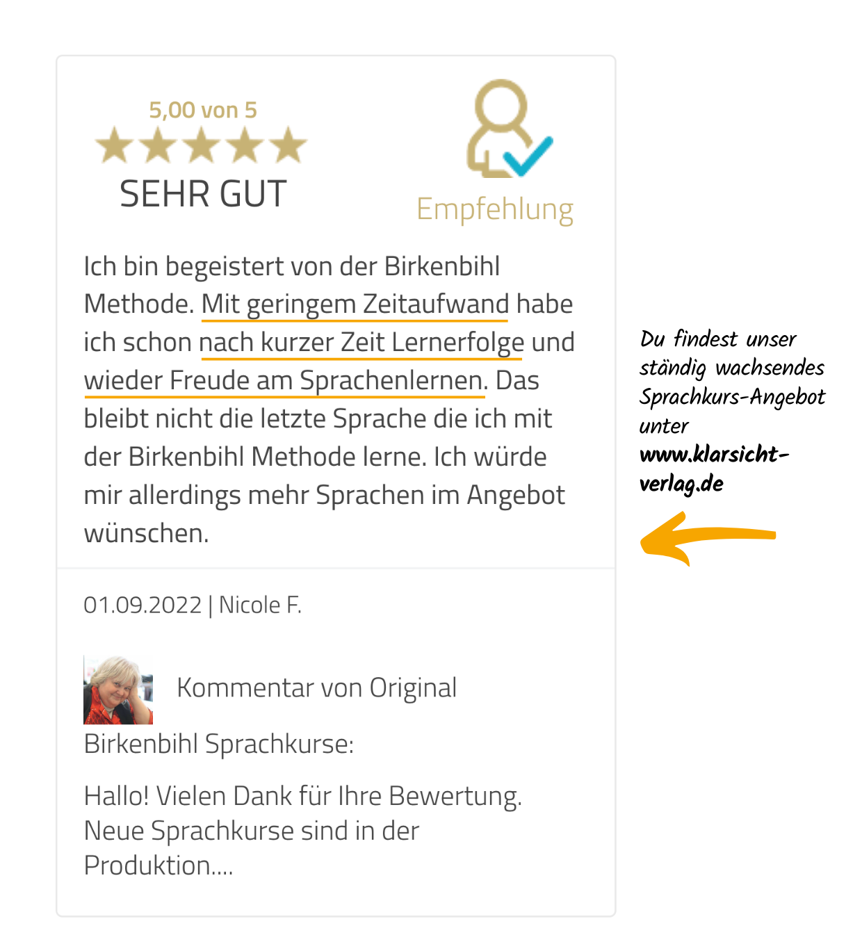 5-Sterne Rezension einer begeisterten Birkenbihl-Sprachkurs Kundin, welche sich über den geringen Zeitaufwand und schnelle Lernerfolge freut.